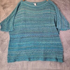 Catherines Womens 3X Blue Open Knit Short Sleeve Sweater Top Plus Size Textured